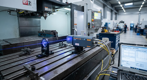 Interferometr laserowy na stole obrabiarki CNC podczas pomiaru dokładności pozycjonowania